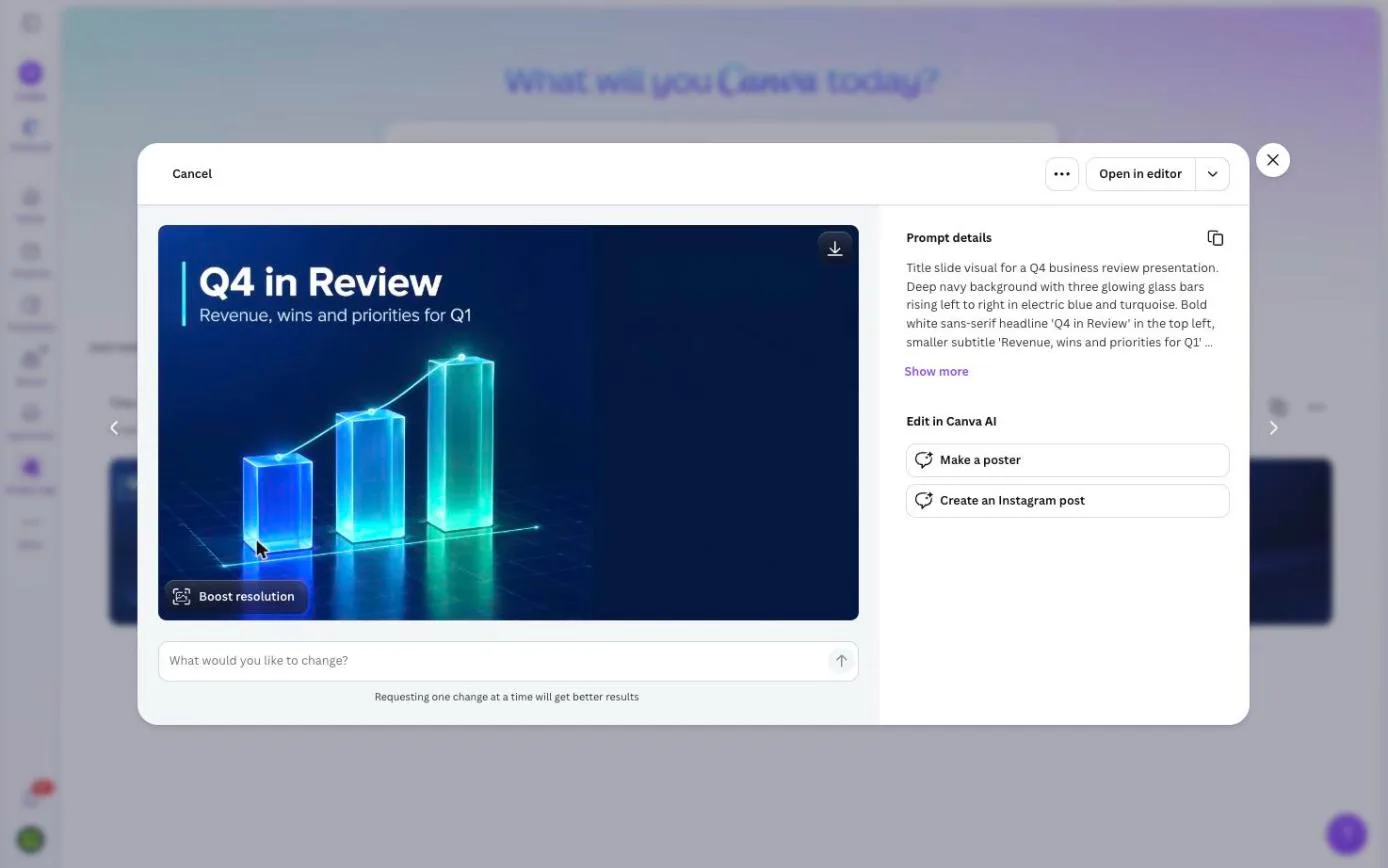A single Canva Craft result opened in Dream Lab with the Download image and Boost resolution buttons, the What would you like to change box and the Open in editor button