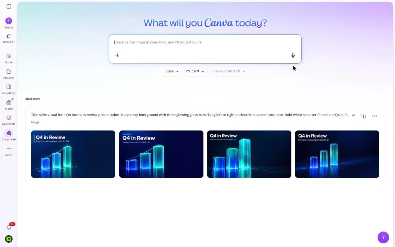Four Canva Craft results for the Q4 in Review prompt, each with the headline and subtitle rendered correctly in the top left over glowing glass bar charts