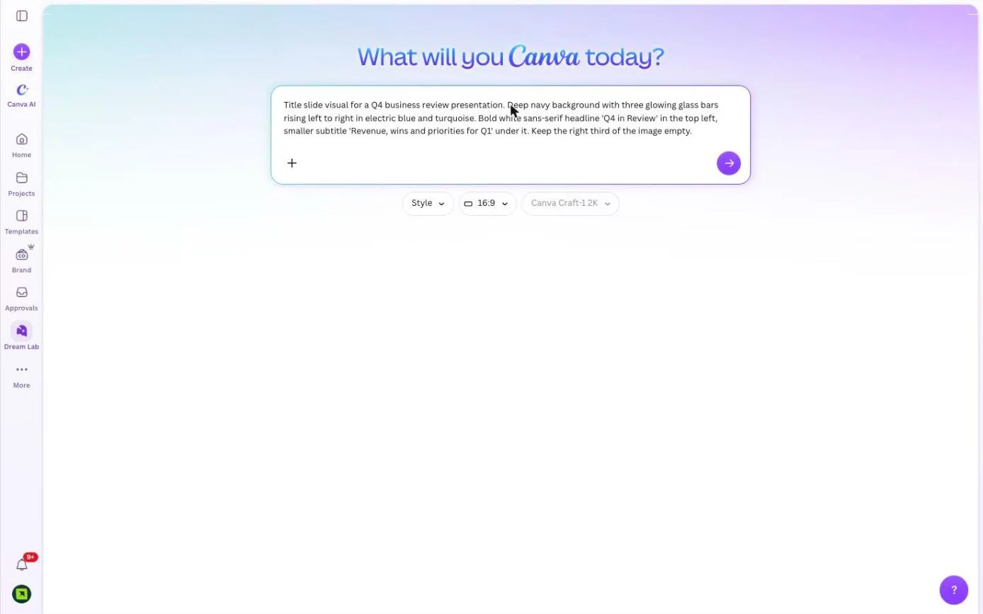 Canva Dream Lab with a prompt for a Q4 business review title slide typed into the box, and the Style, 16:9 and Canva Craft-1 2K controls under it
