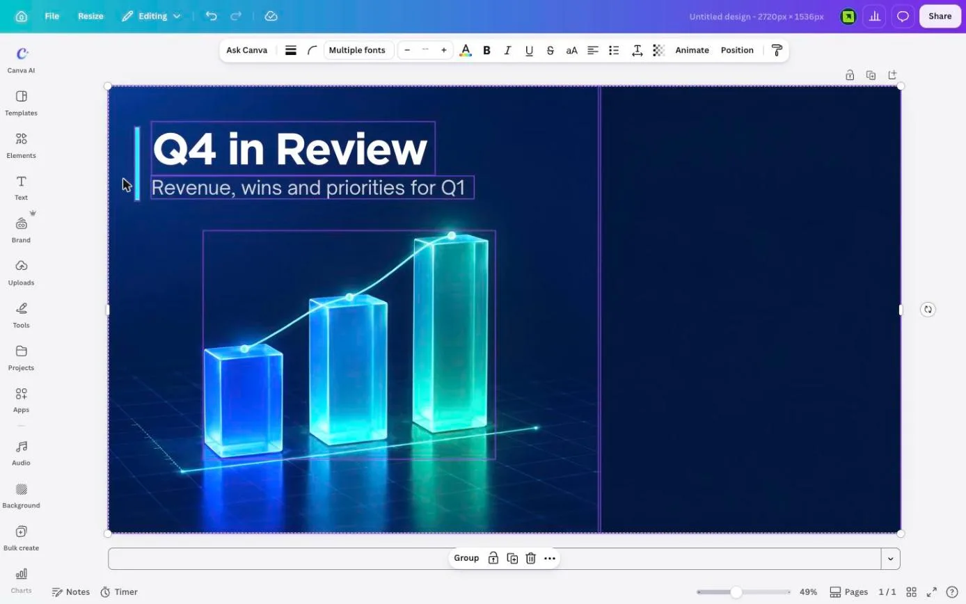 The Canva editor after Magic Layers: the Q4 in Review headline and subtitle selected as separate text boxes with the text toolbar showing Multiple fonts, the glass bars grouped as one element over the background