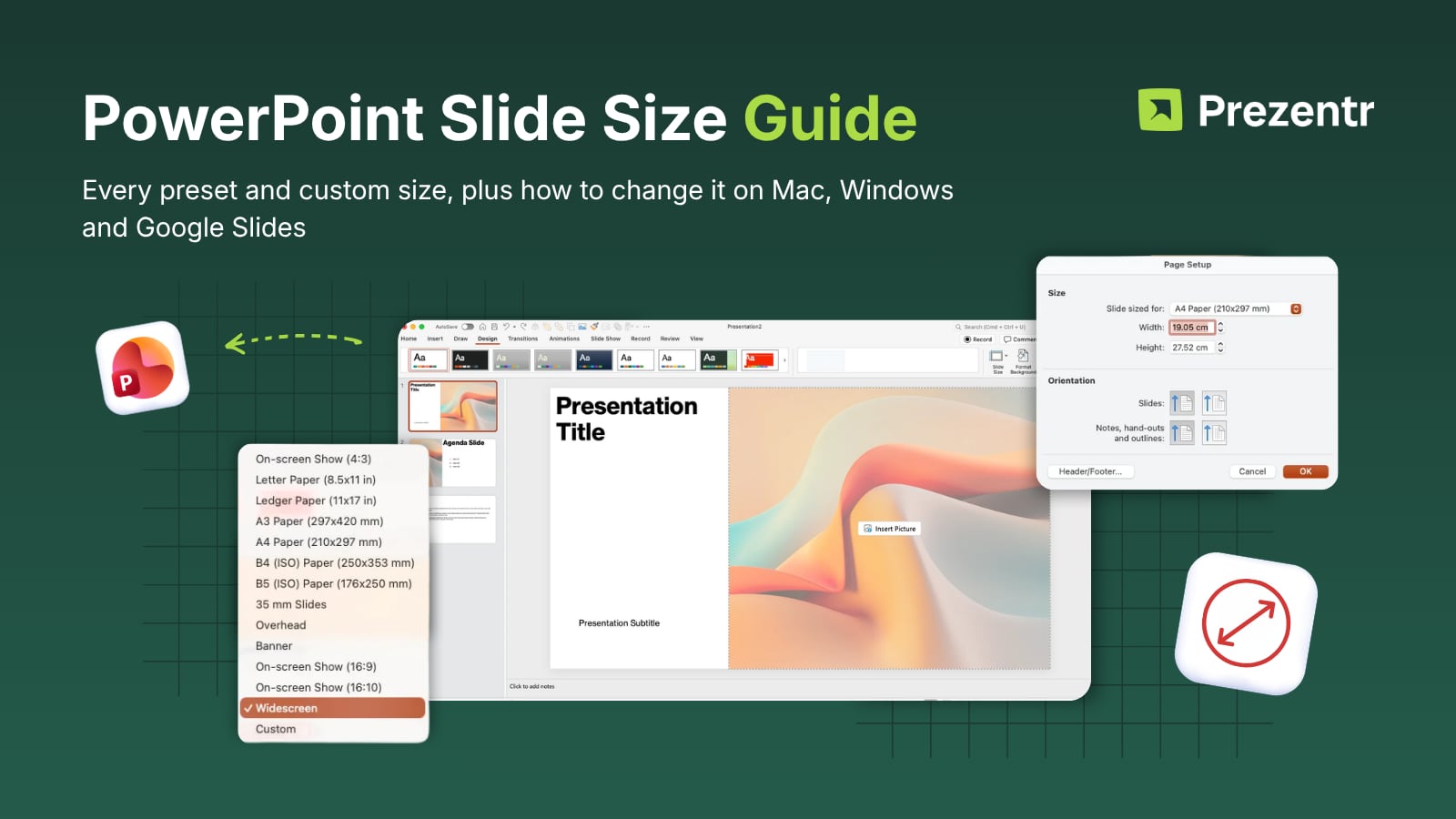 PowerPoint slide size guide: the Slide Size menu with every preset from On-screen Show 4:3 to Widescreen and Custom, next to the Page Setup dialog on Mac