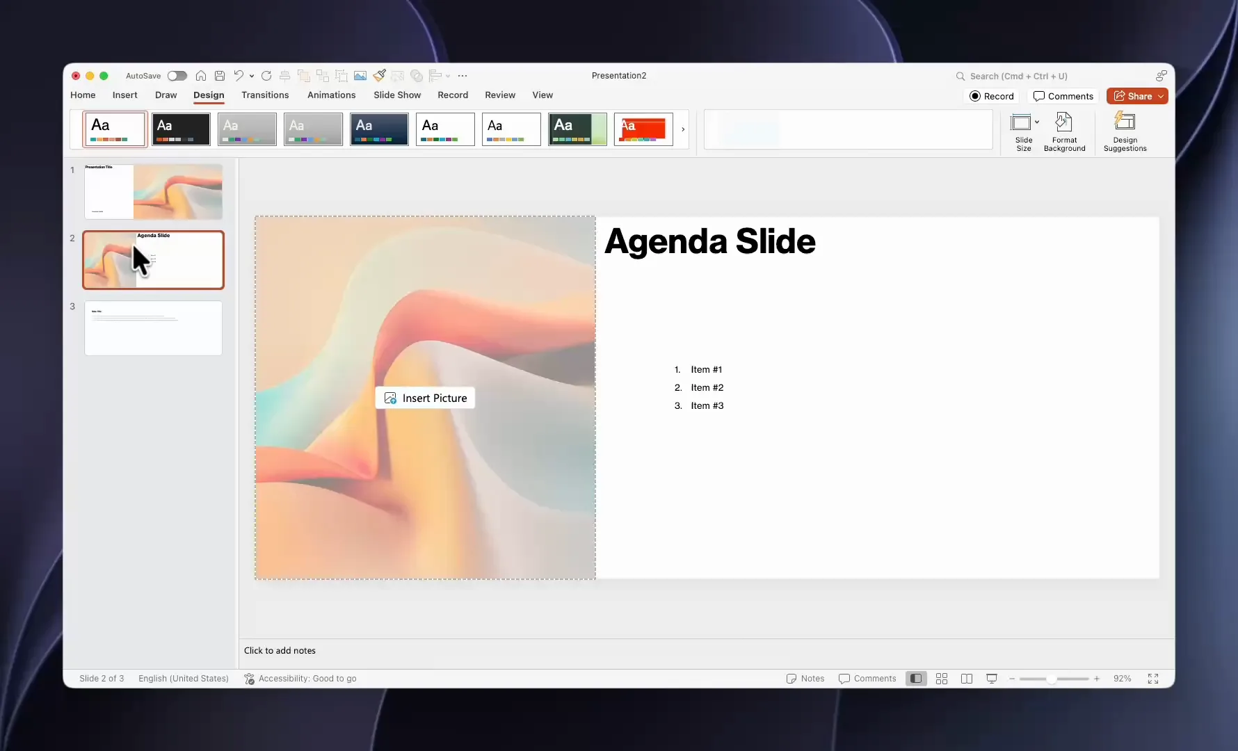 PowerPoint presentation after changing to a custom 50 by 20 cm slide size