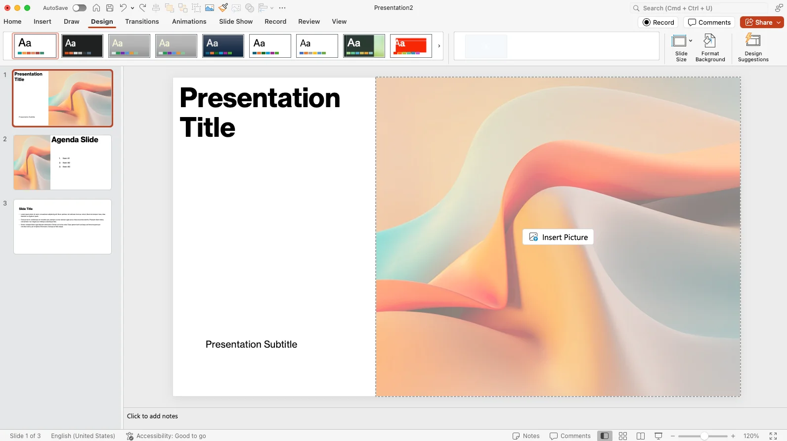 PowerPoint for Mac Design tab with the Slide Size button on the right of the ribbon