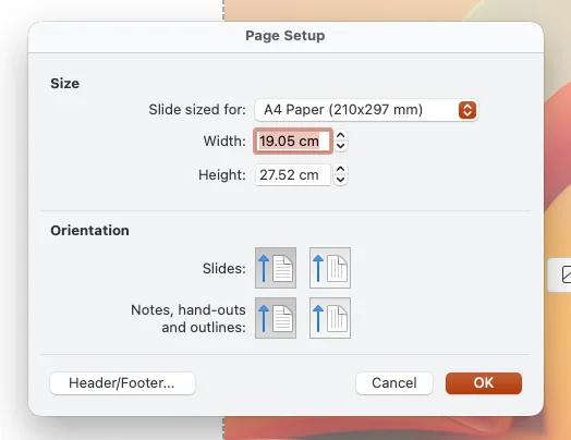 PowerPoint Page Setup set to A4 Paper in portrait orientation, 19.05 by 27.52 cm