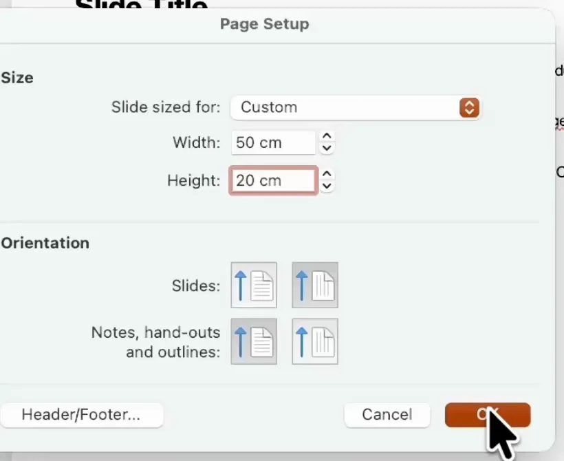 PowerPoint Page Setup on Mac with a custom slide size of 50 cm by 20 cm