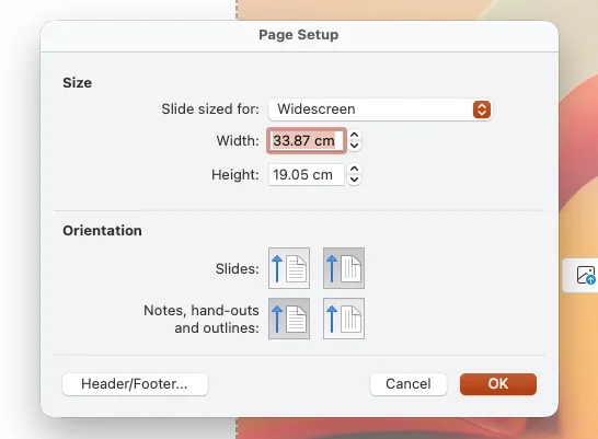 PowerPoint Page Setup dialog set to Widescreen, 33.87 by 19.05 cm