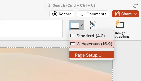 Slide Size menu in PowerPoint for Mac with Standard 4:3, Widescreen 16:9 and Page Setup