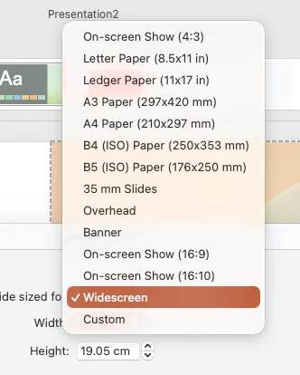 List of PowerPoint slide size presets in the Slide sized for menu