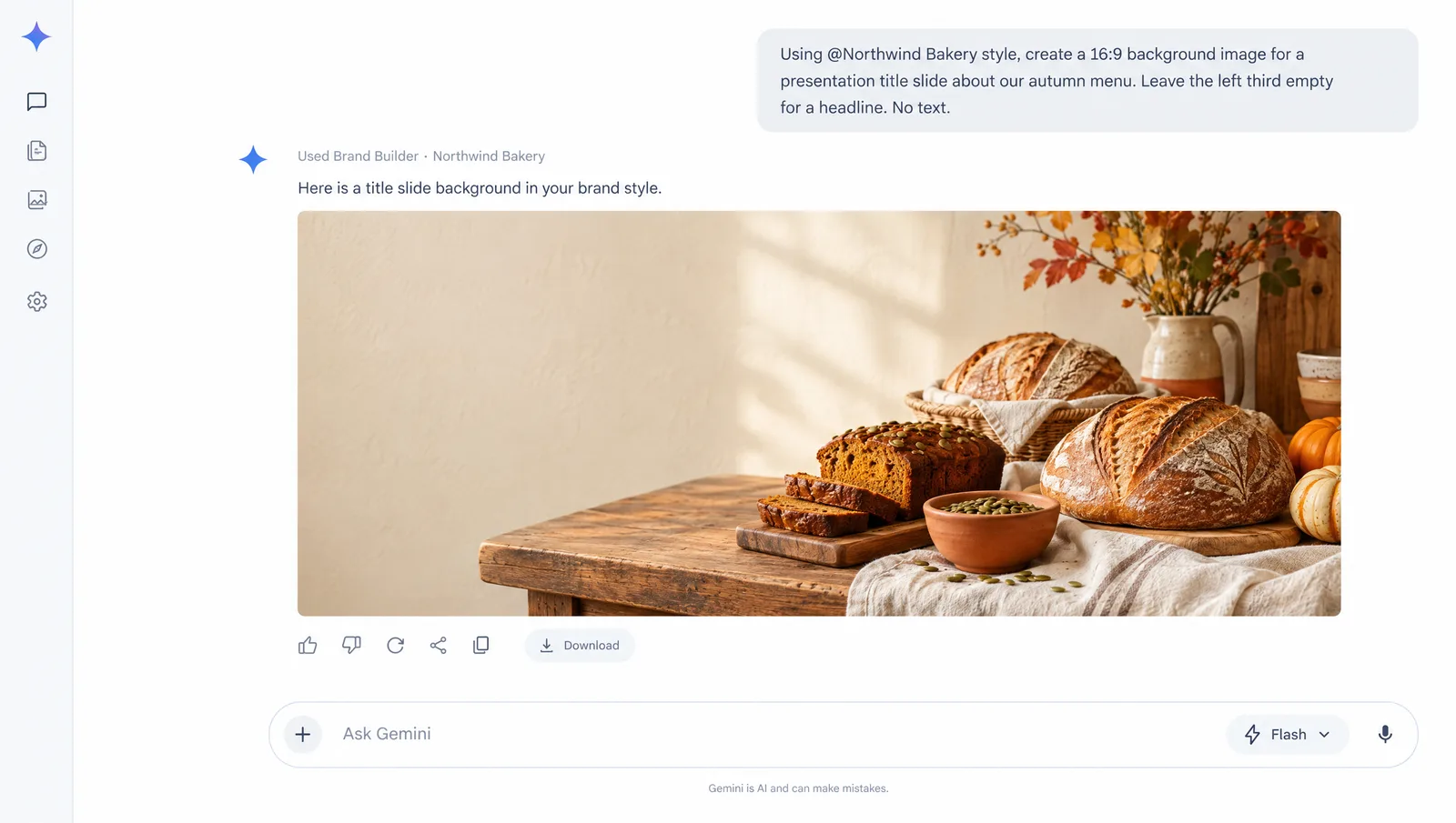 Gemini chat in which the user asks for a 16:9 title slide background using the saved Northwind Bakery style with the left third left empty, and Gemini returns a warm photo of autumn breads on a wooden counter with a blank cream wall on the left and a Download button below