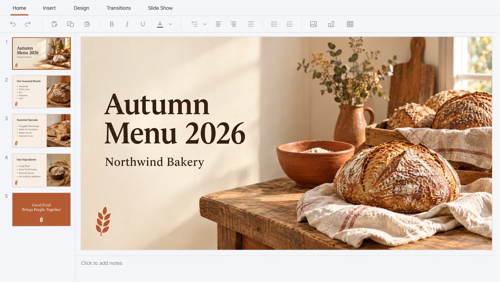 PowerPoint editing view with five Northwind Bakery slide thumbnails on the left and a title slide on the canvas: the Gemini background photo of breads on a wooden counter fills the slide, with the headline Autumn Menu 2026, the subtitle Northwind Bakery and a small wheat logo on the empty cream wall on the left