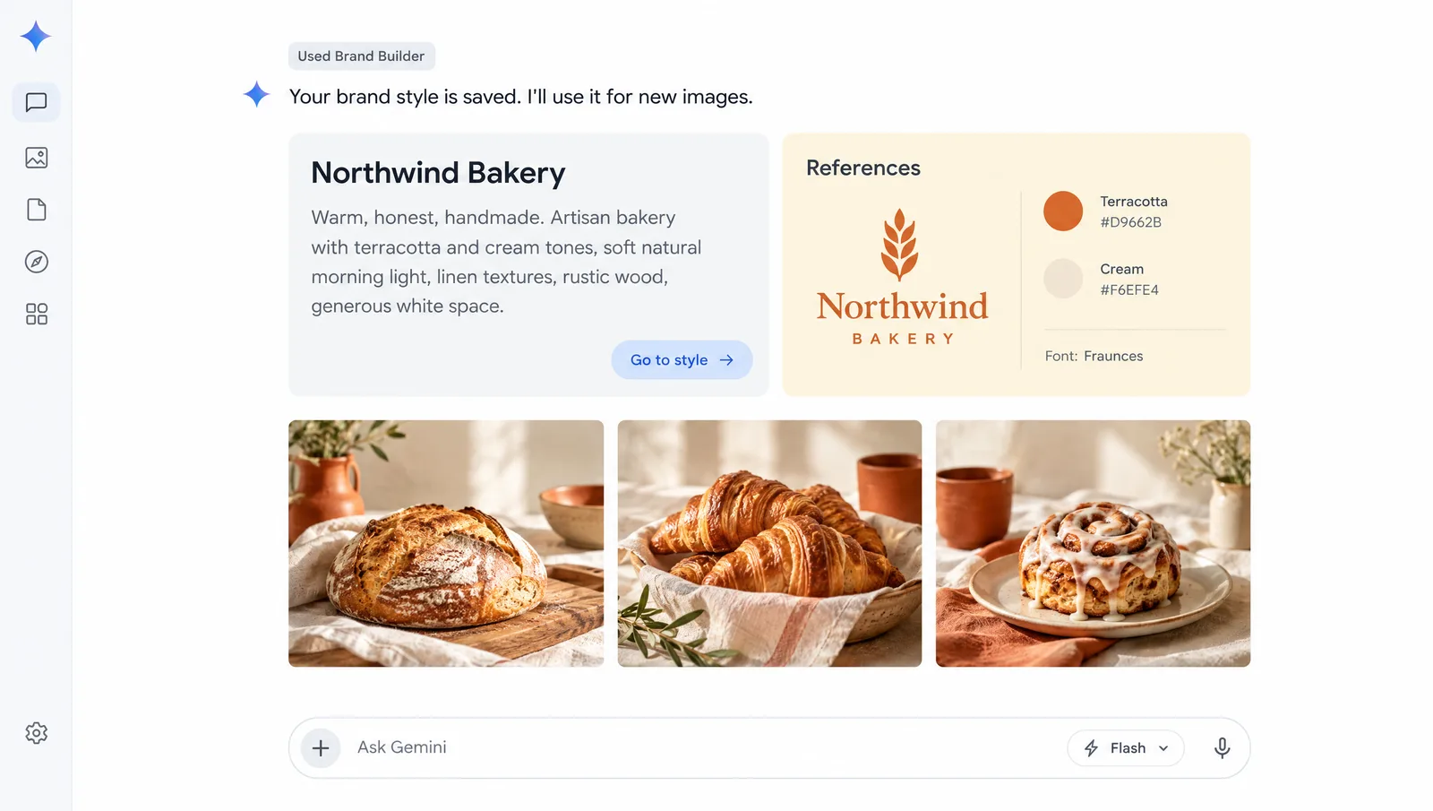 Gemini screen after saving a brand style: a Northwind Bakery card with a description of the look and a Go to style button, a References panel with the logo, the terracotta and cream colour swatches and the font name, and three generated photos of bread, croissants and a cinnamon bun in the same warm style