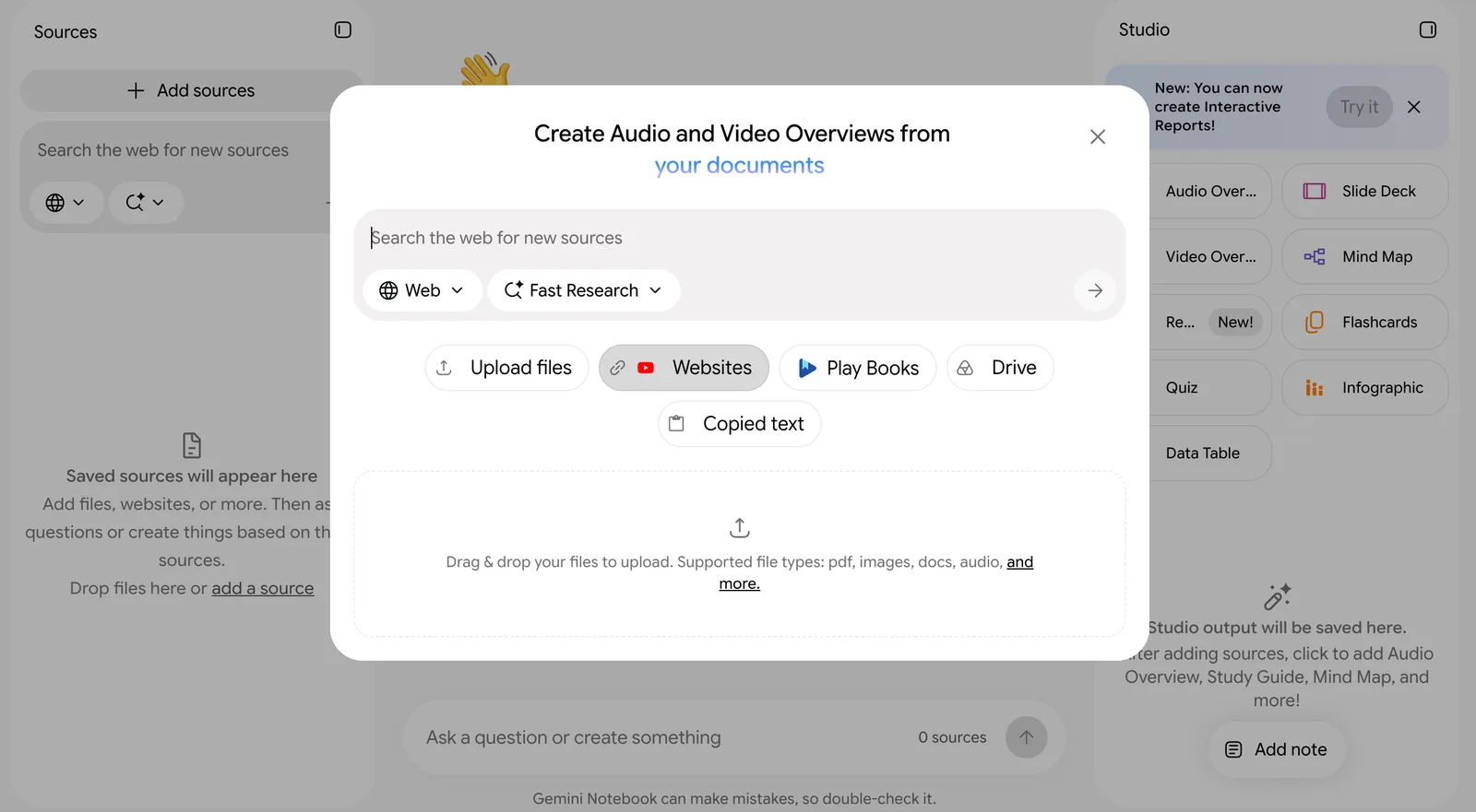 The Add sources dialog in Gemini Notebook with Upload files, Websites, Play Books, Drive and Copied text options and a web search box