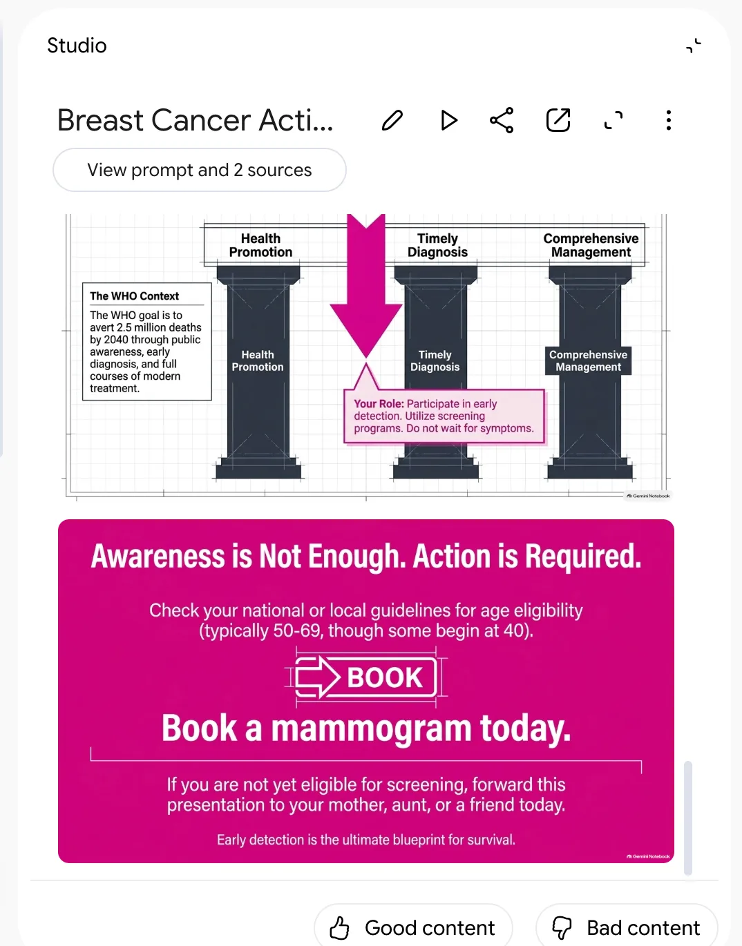 Two slides from the generated deck: a pillars diagram on health promotion, timely diagnosis and comprehensive management, and a magenta closing slide reading Awareness is Not Enough, Action is Required, Book a mammogram today