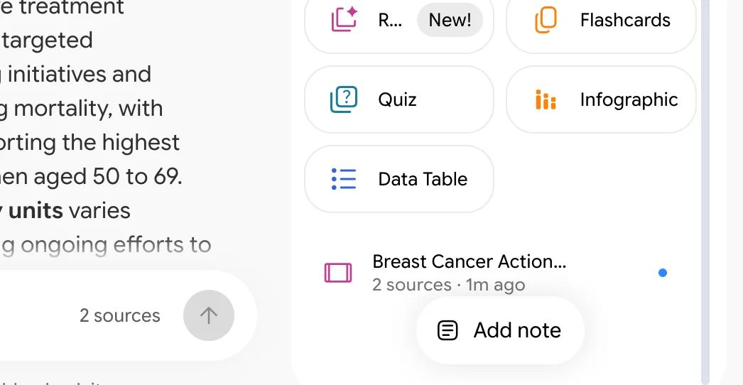 The Studio panel showing a new item Breast Cancer Action with 2 sources, created 1 minute ago, marked with a blue dot