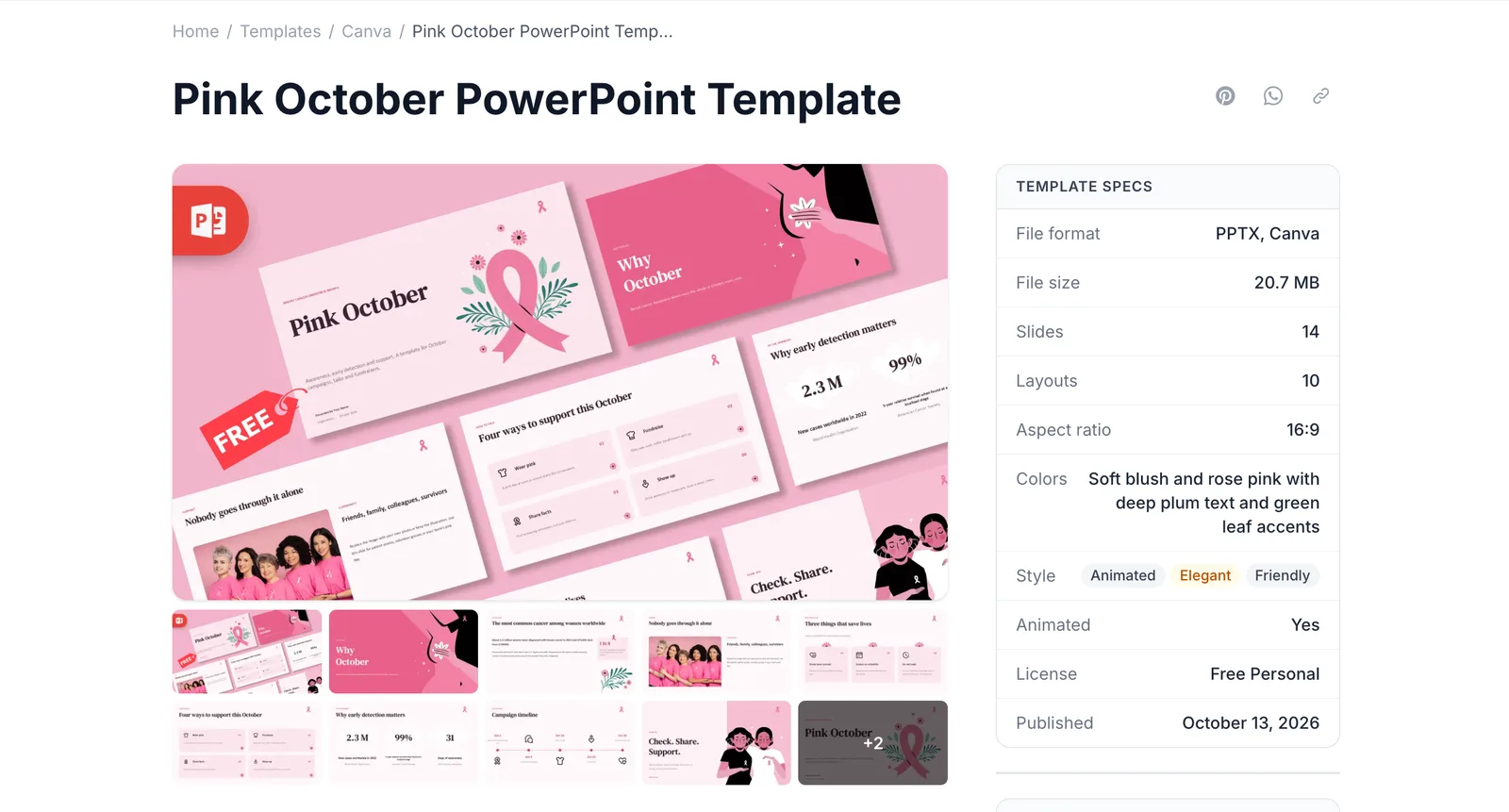 The Pink October PowerPoint Template page on Prezentr showing a cover slide with a pink ribbon, slide thumbnails and template specs: 14 slides, 10 layouts, 16:9, free for personal use