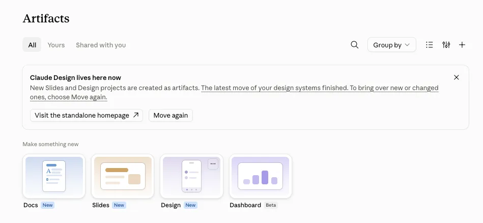 Claude Artifacts page with a Make something new row of tiles: Docs, Slides, Design and Dashboard