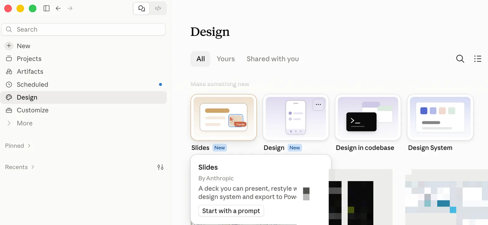 Claude Design page in the sidebar with tiles for Slides, Design, Design in codebase and Design System, and a Slides card with a Start with a prompt button