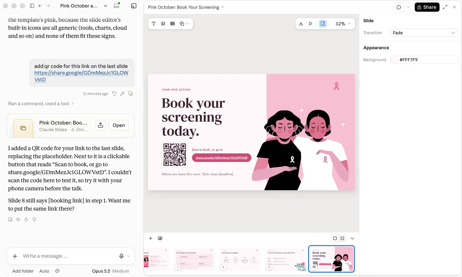 Claude chat asking to add a QR code for a booking link on the last slide, and the final Book your screening today slide now showing a QR code and a link button