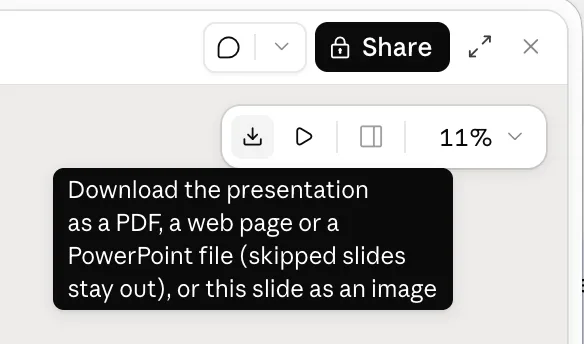 Claude Slides download button tooltip: Download the presentation as a PDF, a web page or a PowerPoint file, skipped slides stay out, or this slide as an image