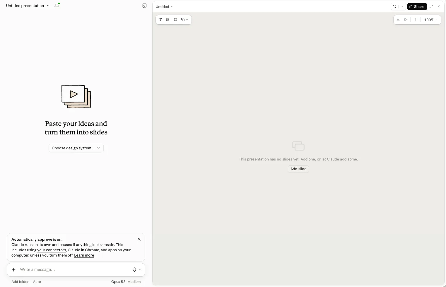 Empty Claude Slides editor: Paste your ideas and turn them into slides on the left with a Choose design system menu, and an empty slide area with an Add slide button on the right