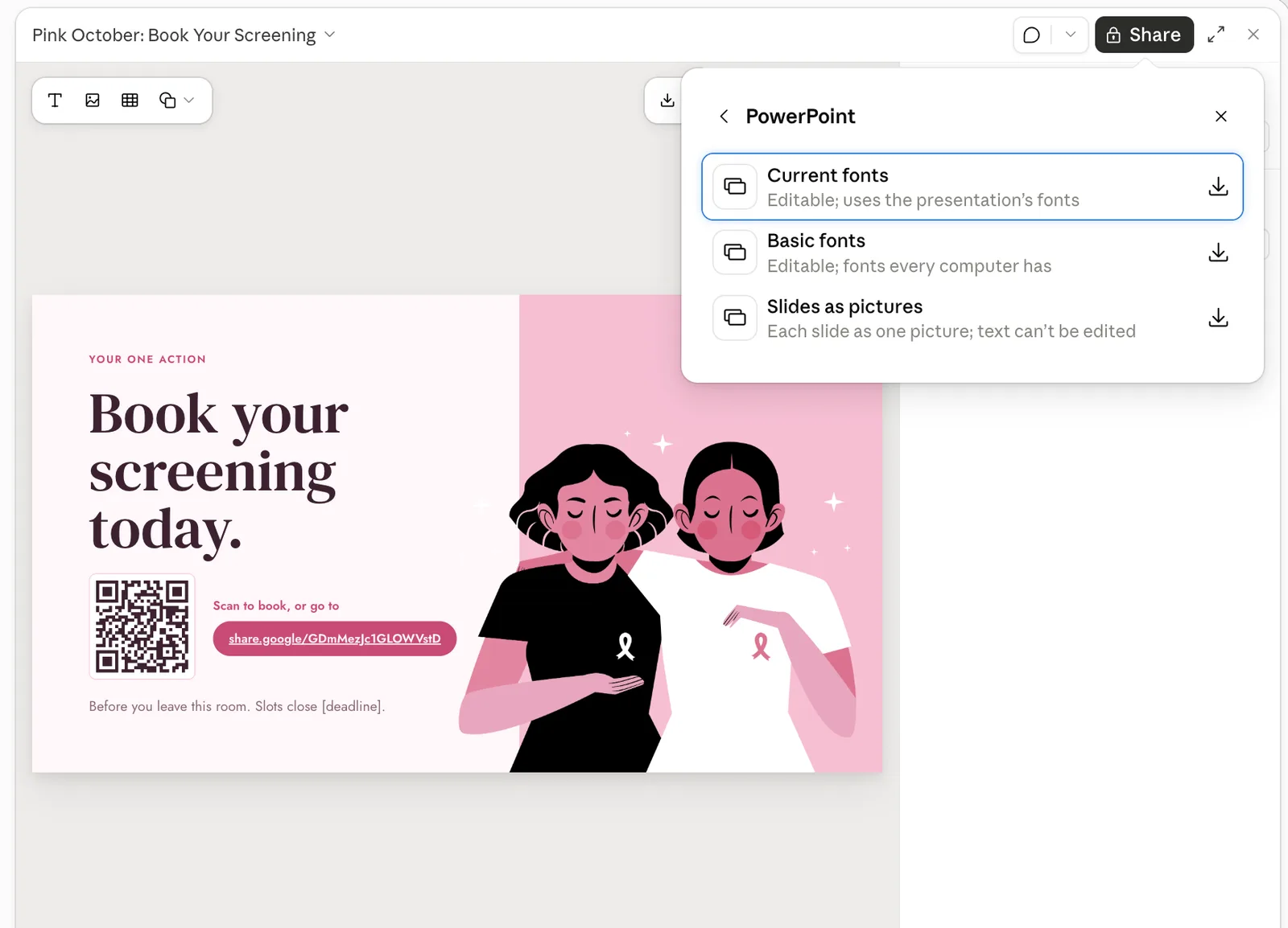 Claude Slides PowerPoint export options: Current fonts, Basic fonts and Slides as pictures