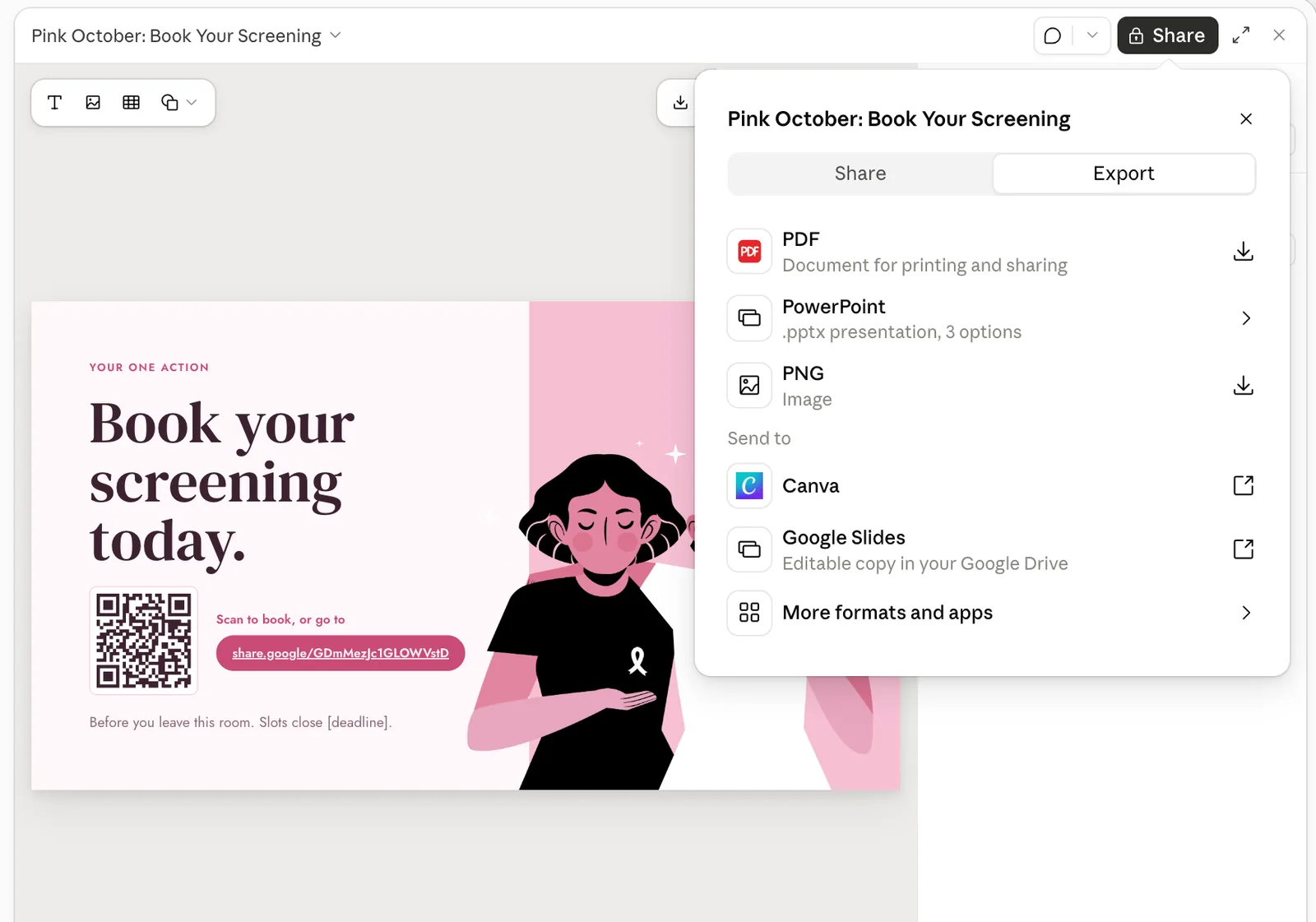 Claude Slides Share dialog on the Export tab with PDF, PowerPoint, PNG, and Send to Canva, Google Slides and More formats and apps