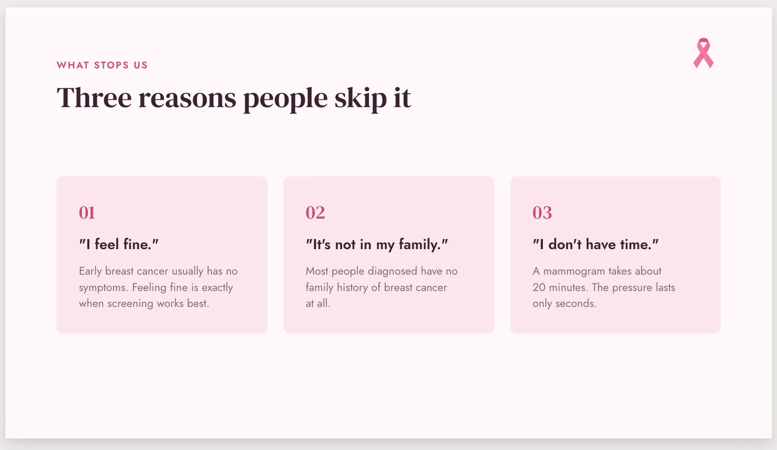 Finished Pink October slide titled Three reasons people skip it, with three pink cards: I feel fine, It is not in my family, I do not have time