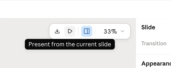 Claude Slides toolbar with the tooltip Present from the current slide over the play button