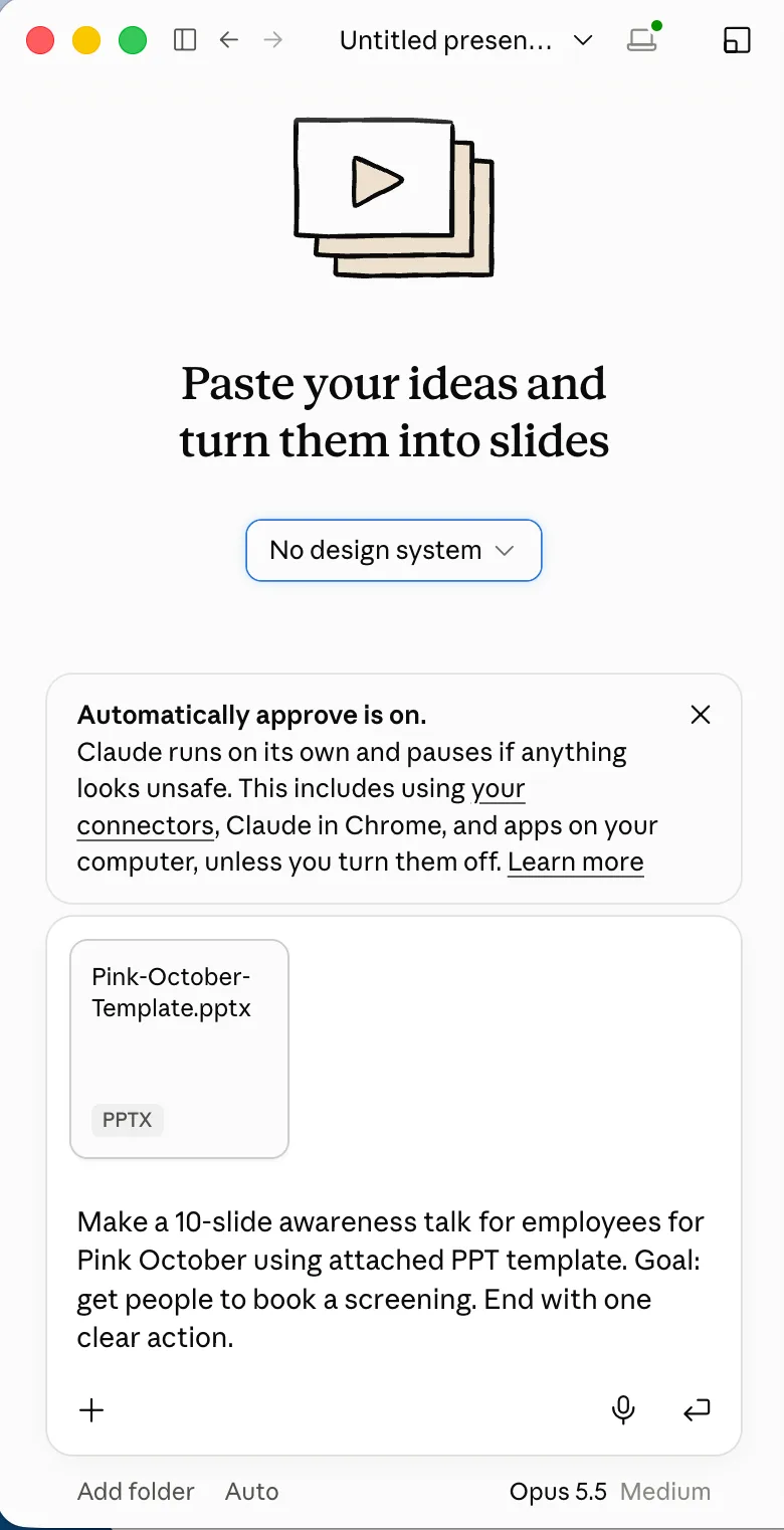 Claude Slides message box with Pink-October-Template.pptx attached and the prompt: Make a 10-slide awareness talk for employees for Pink October using attached PPT template
