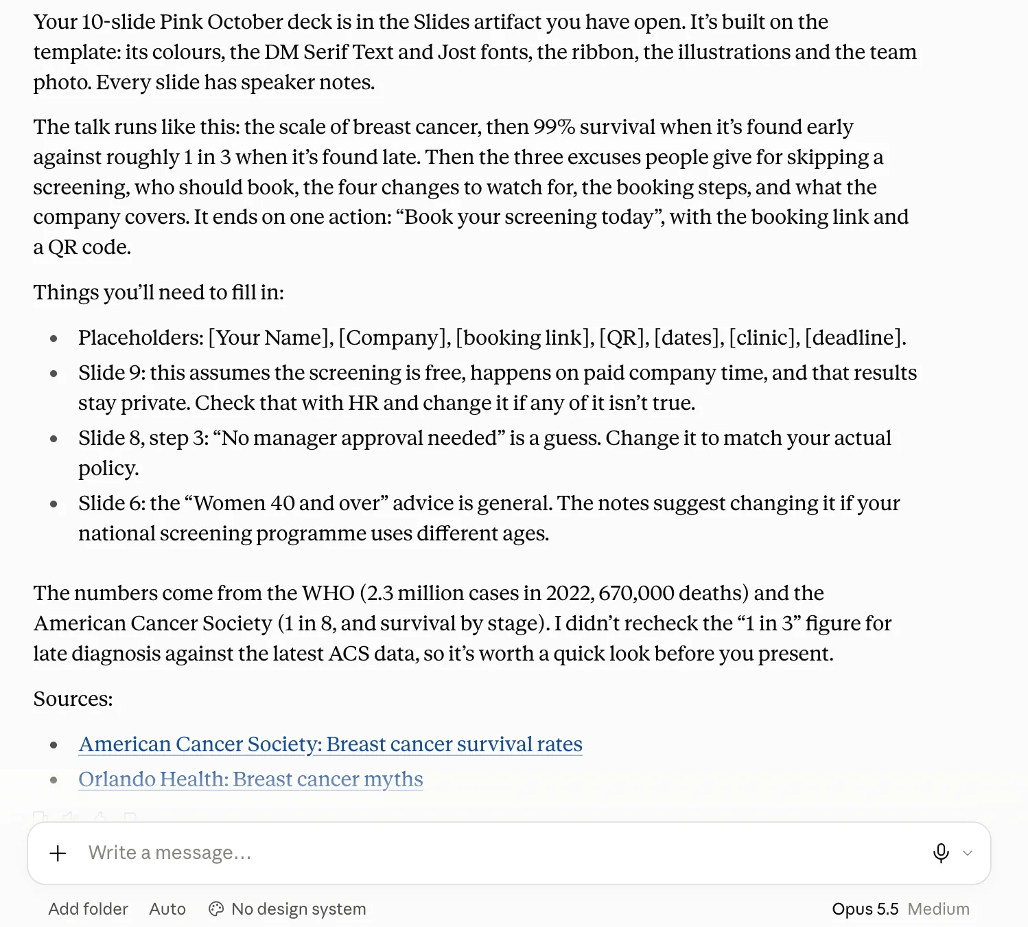 Claude reply after building the deck: a summary of the talk, a list of placeholders to fill in, assumptions to check with HR, and links to its sources