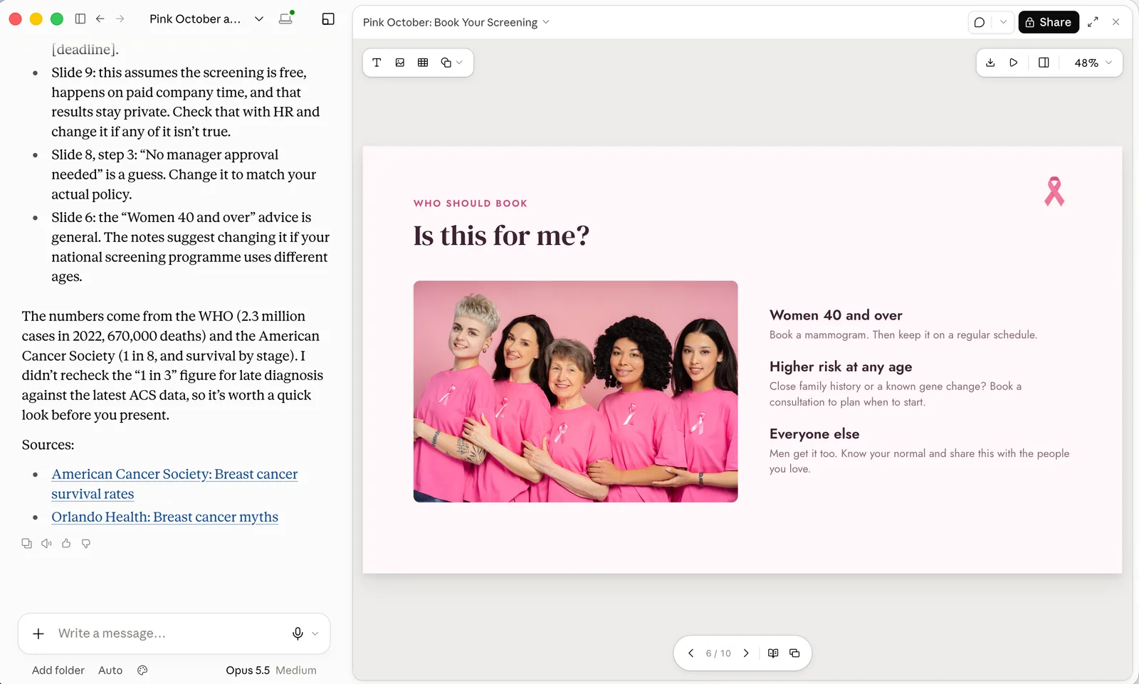 Claude Slides showing slide 6 of 10, Is this for me?, with a photo of five women in pink shirts and three groups: Women 40 and over, Higher risk at any age, Everyone else