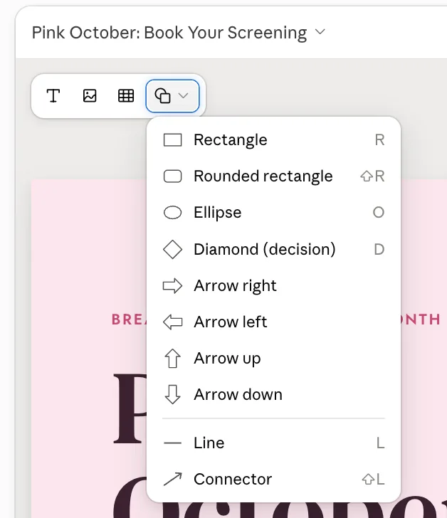 Claude Slides shapes menu with Rectangle, Rounded rectangle, Ellipse, Diamond, four arrows, Line and Connector