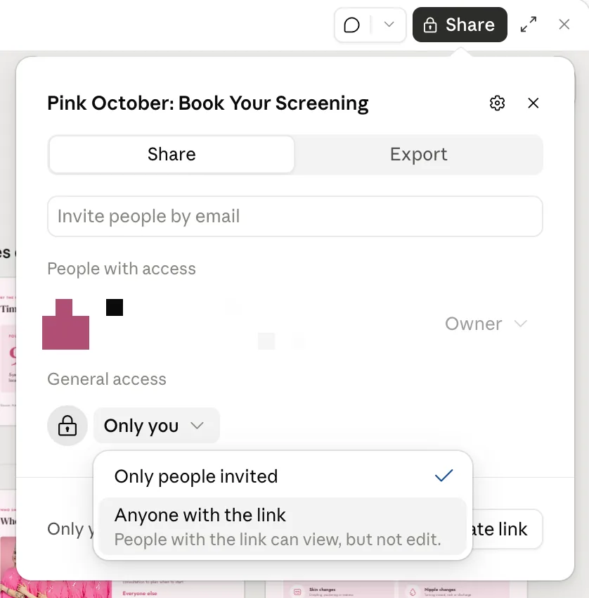 Claude Slides Share dialog with Invite people by email, People with access, and General access options Only people invited or Anyone with the link, who can view but not edit
