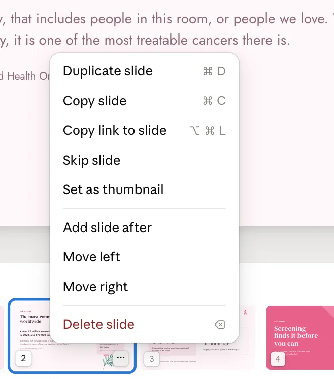 Claude Slides thumbnail menu with Duplicate slide, Copy slide, Copy link to slide, Skip slide, Set as thumbnail, Add slide after, Move left, Move right and Delete slide