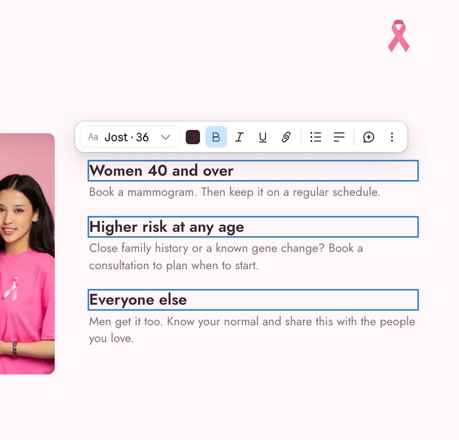 Claude Slides text toolbar above selected text: font Jost size 36, colour, bold, italic, underline, link, list, alignment, comment and more options