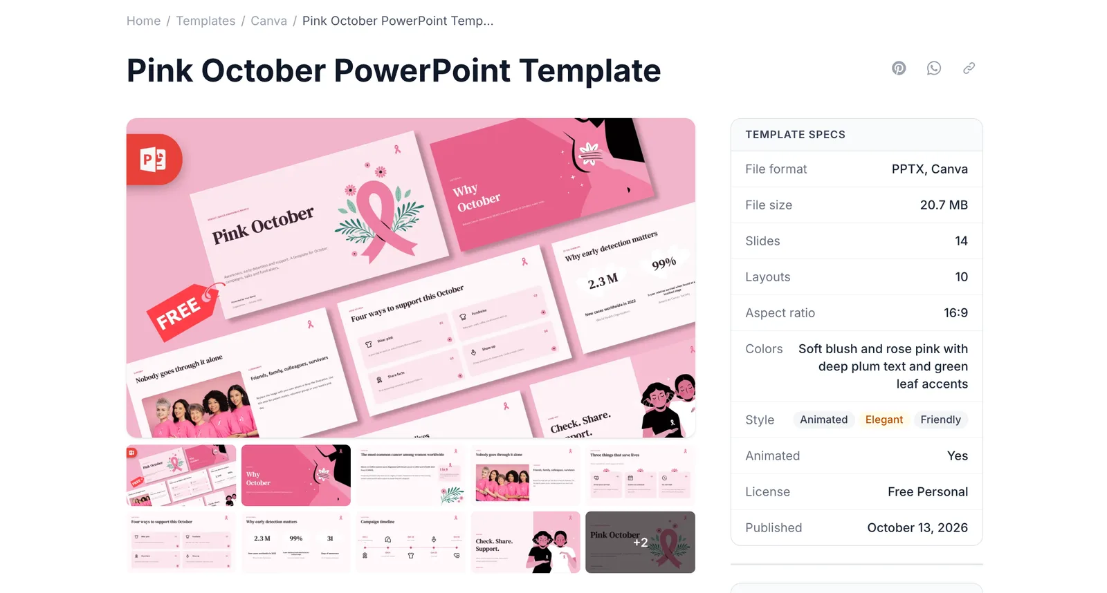 Prezentr Pink October PowerPoint Template page with a preview of the pink slides and template specs: PPTX and Canva, 14 slides, 10 layouts, 16:9