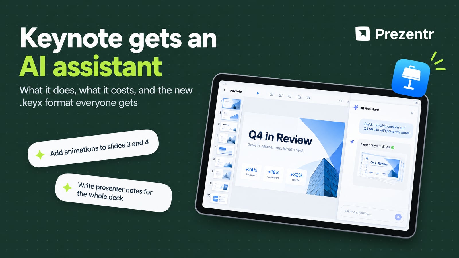 Keynote Intelligent Assistant: a Keynote deck on iPad with the assistant panel generating slides and presenter notes, next to the Creator Studio price and the new .keyx export option
