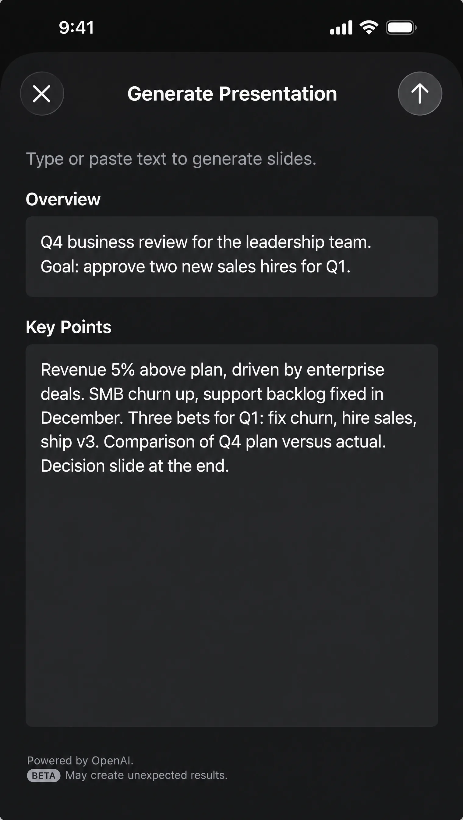 The Generate Presentation sheet in Keynote on iPhone with an Overview field describing a Q4 business review and a Key Points field listing the results, the churn problem and three bets for Q1, with the note Powered by OpenAI, beta