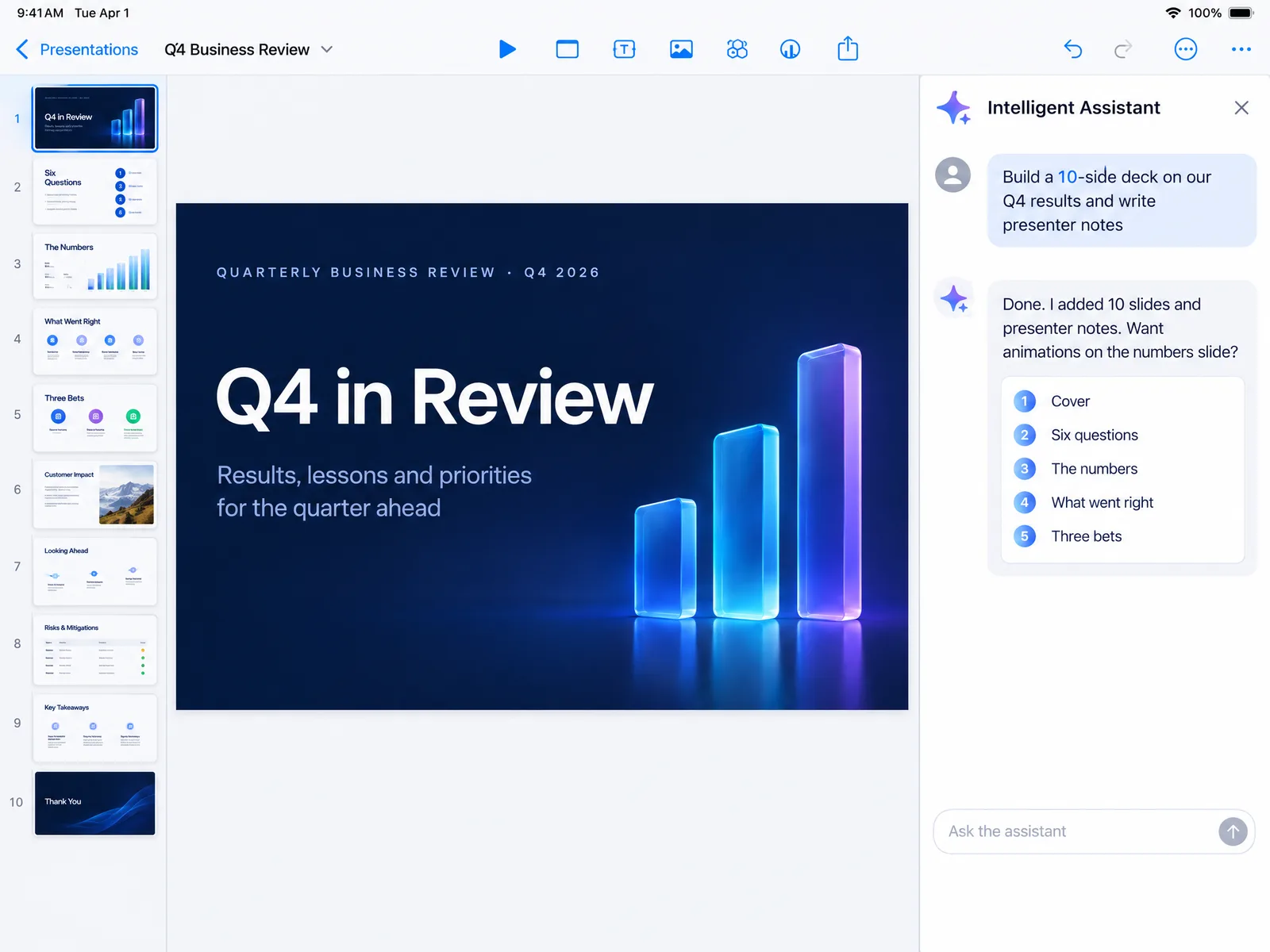Keynote on iPad with the Intelligent Assistant panel open: the request Build a 10-slide deck on our Q4 results and write presenter notes, the reply listing the slides it added, and the Q4 in Review title slide