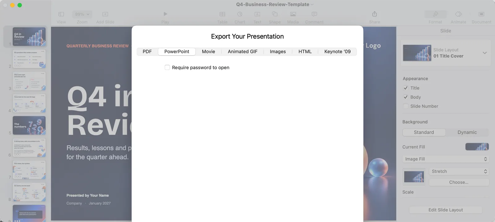 The Export Your Presentation sheet in Keynote on Mac with PowerPoint selected among PDF, Movie, Animated GIF, Images, HTML and Keynote 09