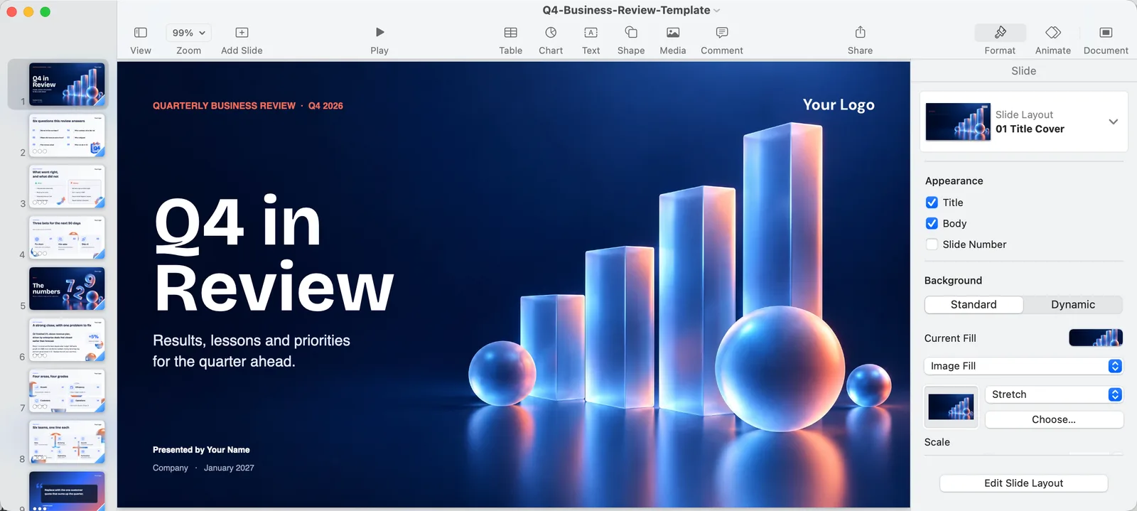 Our Q4 Business Review PowerPoint template open in Keynote on Mac, with the slide thumbnails on the left, the Q4 in Review title slide and the Format panel on the right
