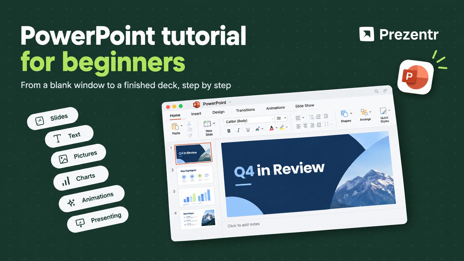 PowerPoint tutorial for beginners: the PowerPoint window with the ribbon, slide thumbnails, a title slide being edited and the notes pane, with chapter labels for slides, text, pictures, charts, video, animations and presenting