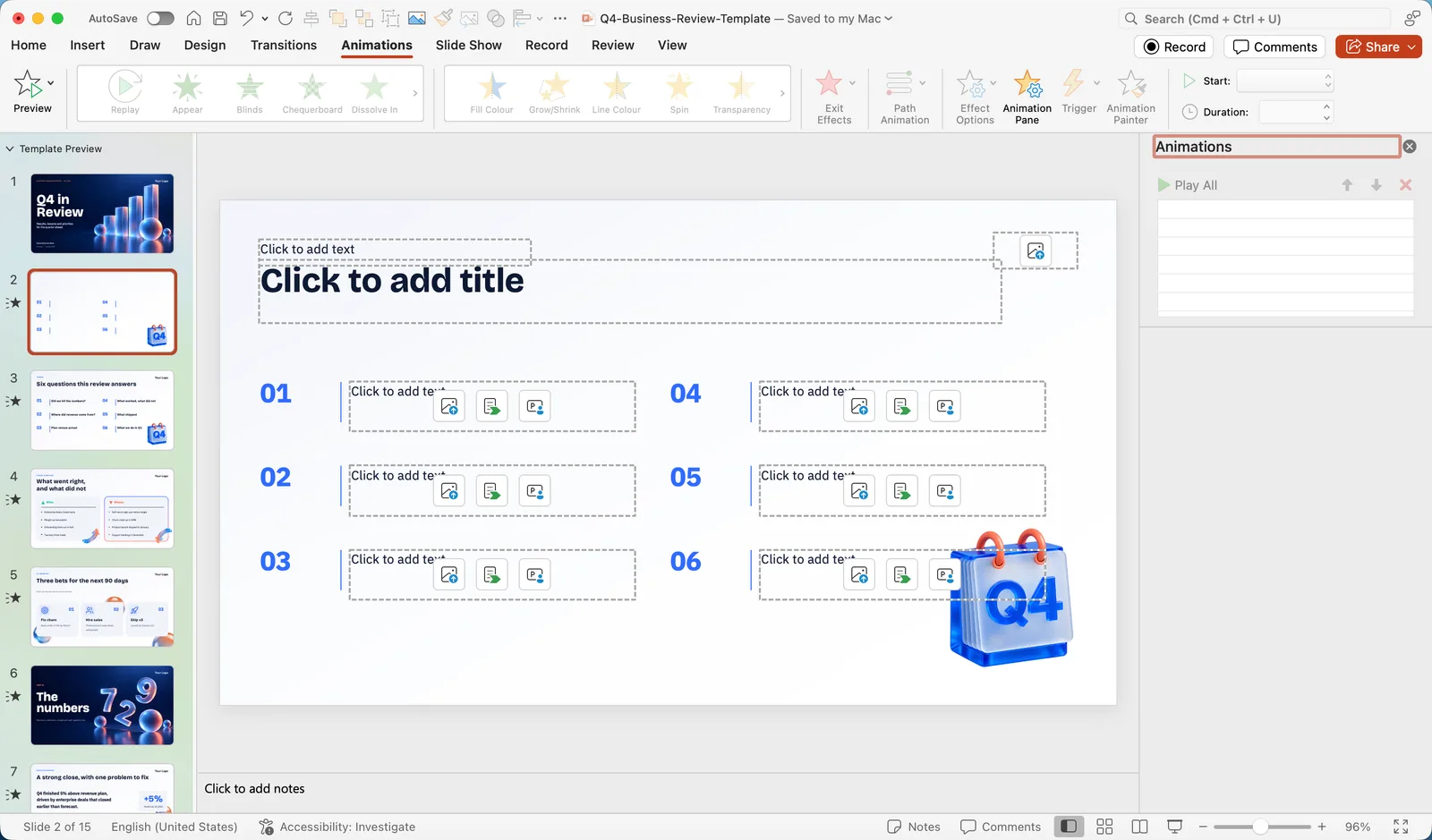The Animations tab in PowerPoint for Mac with entrance, emphasis and exit effects and the Animation Pane open on the right