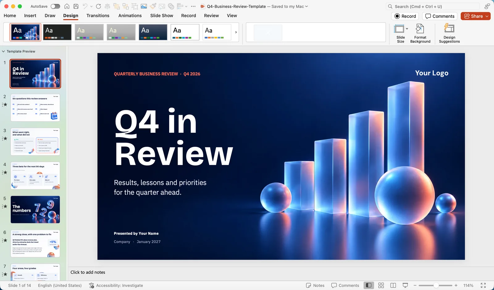 The Design tab of the PowerPoint ribbon with a row of themes, the variants gallery, and the Slide Size, Format Background and Design Suggestions buttons