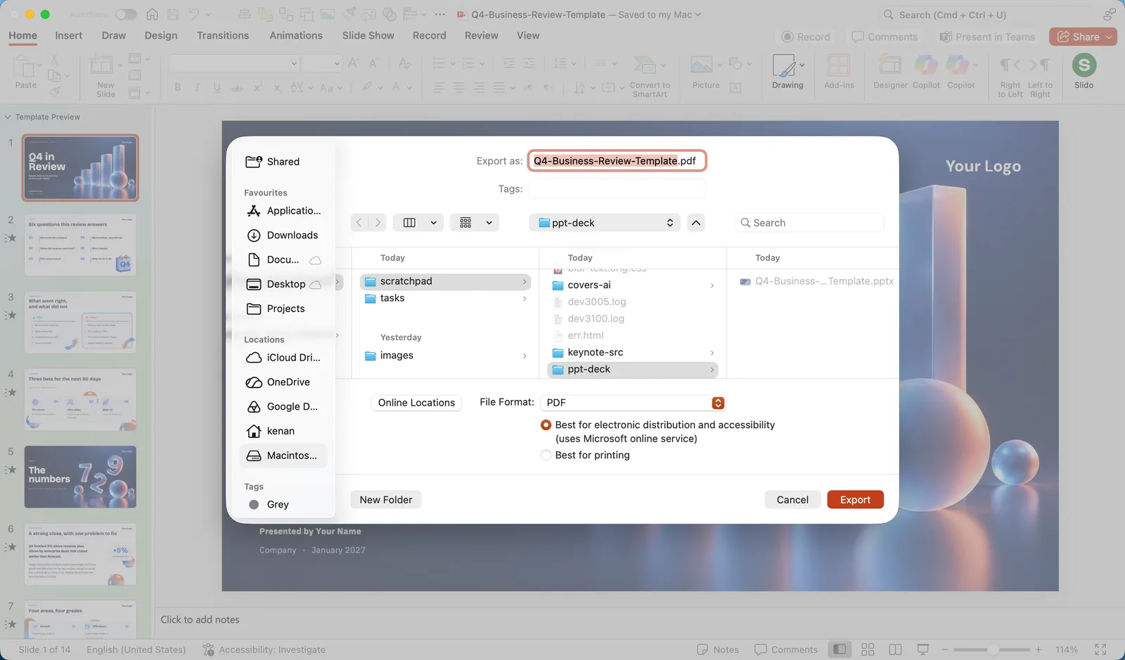 The Export dialog in PowerPoint for Mac with the file name, a location and the File Format menu set to PDF, with the options Best for electronic distribution and accessibility and Best for printing