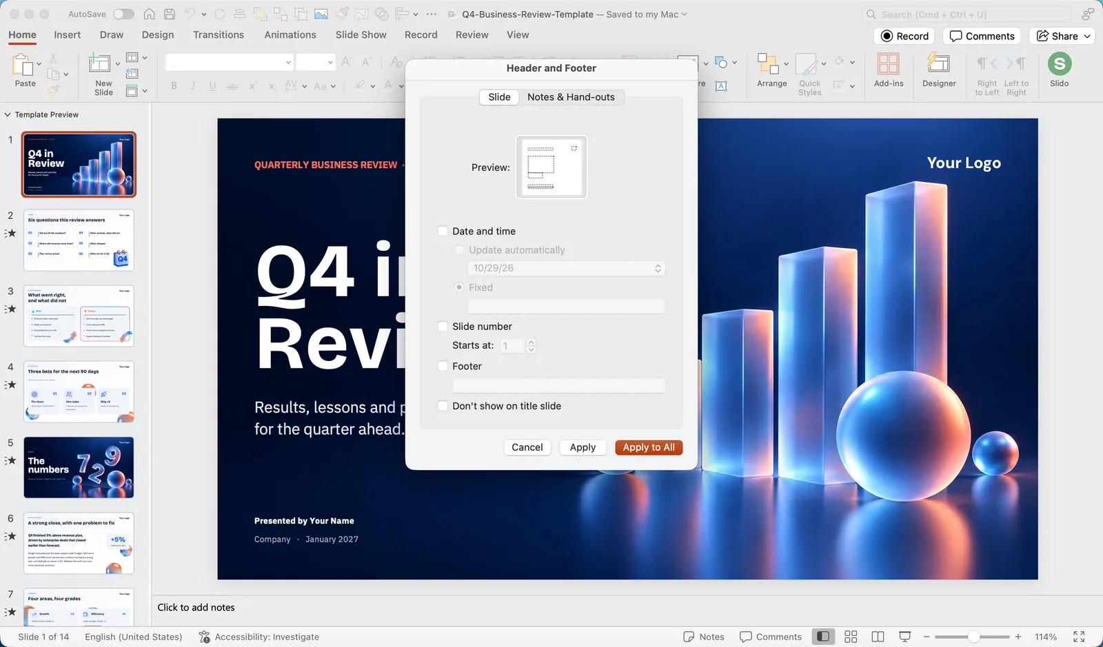 The Header and Footer dialog in PowerPoint for Mac with the Slide tab, options for date and time, slide number and footer, and Apply and Apply to All buttons