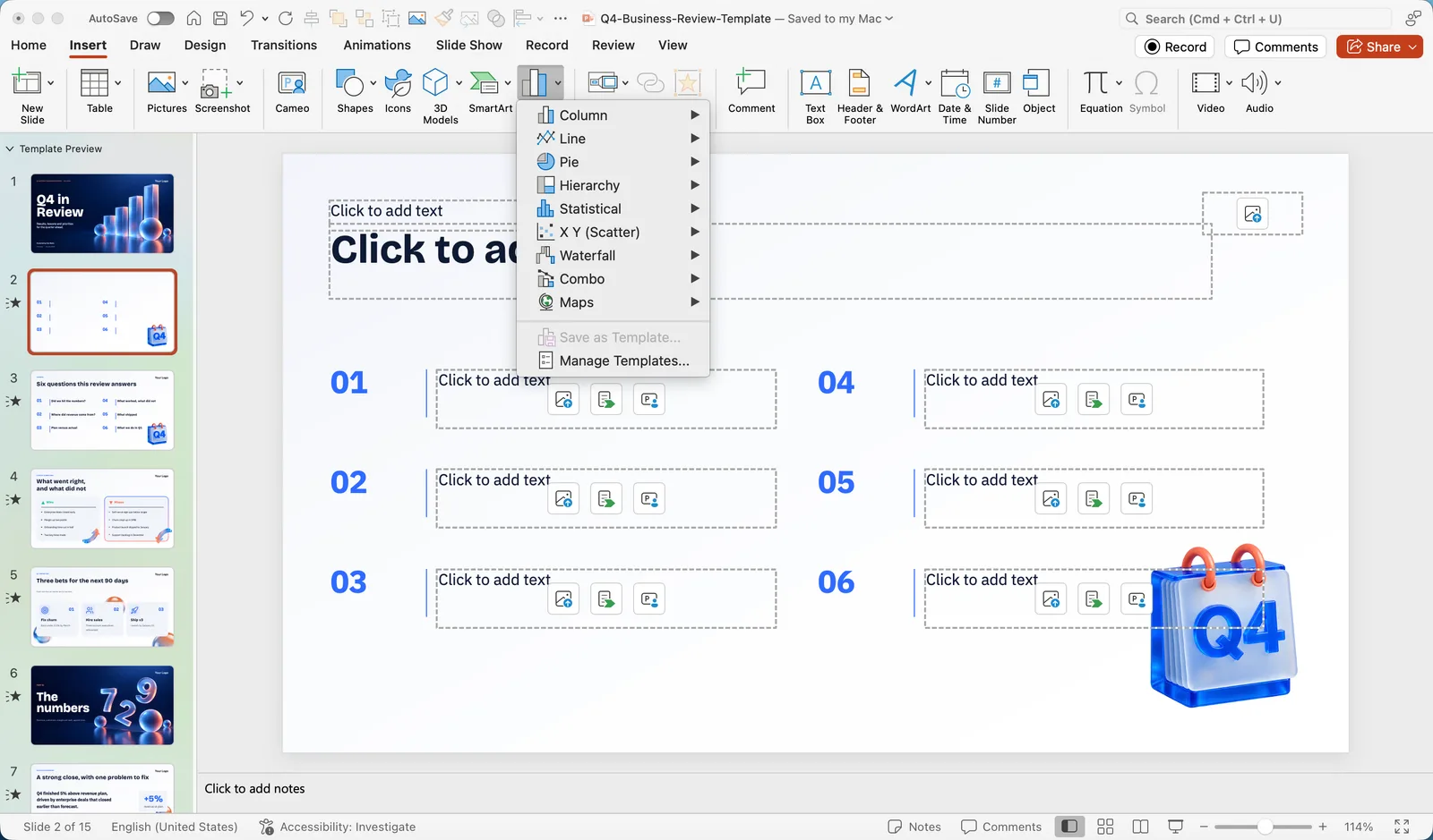 The Chart menu on the Insert tab in PowerPoint for Mac listing Column, Line, Pie, Hierarchy, Statistical, X Y Scatter, Waterfall, Combo and Maps