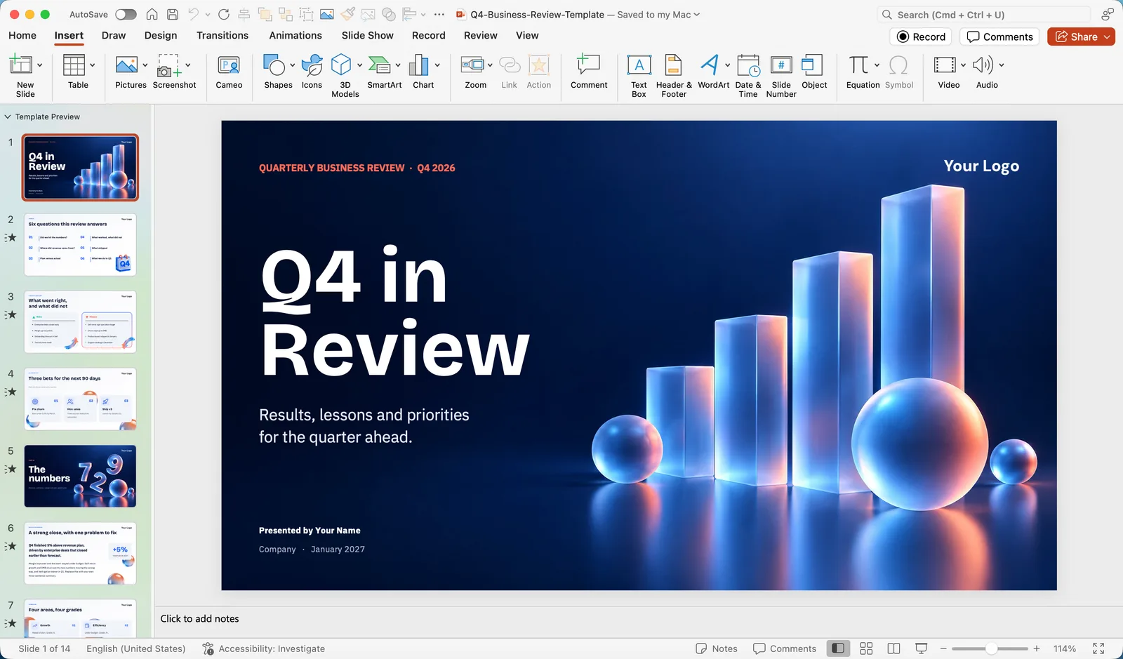 The Insert tab of the PowerPoint ribbon with New Slide, Table, Pictures, Screenshot, Cameo, Shapes, Icons, 3D Models, SmartArt, Chart, Comment, Text Box, Header and Footer, WordArt, Date and Time, Slide Number, Object, Equation, Symbol, Video and Audio