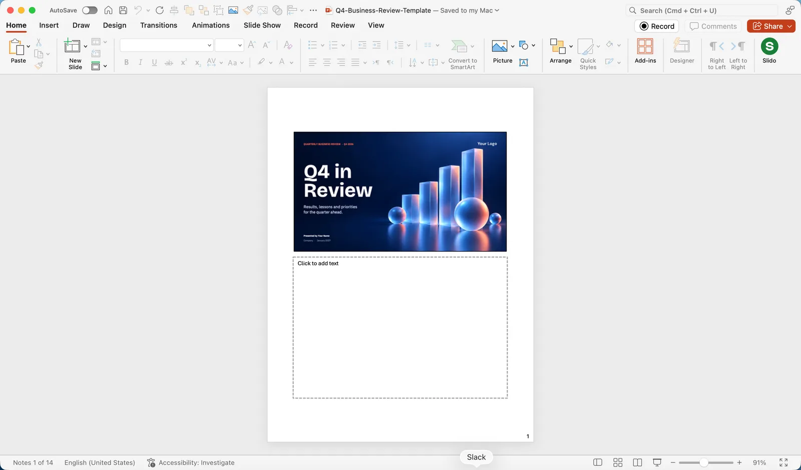 PowerPoint Notes Page view with the slide at the top of a portrait page and the notes area below it