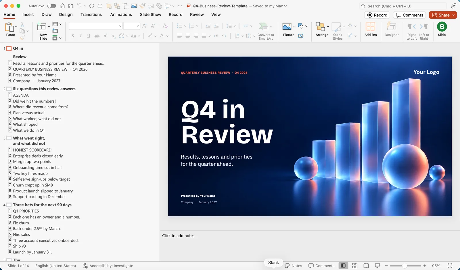 PowerPoint Outline View with the text of every slide listed in the left pane
